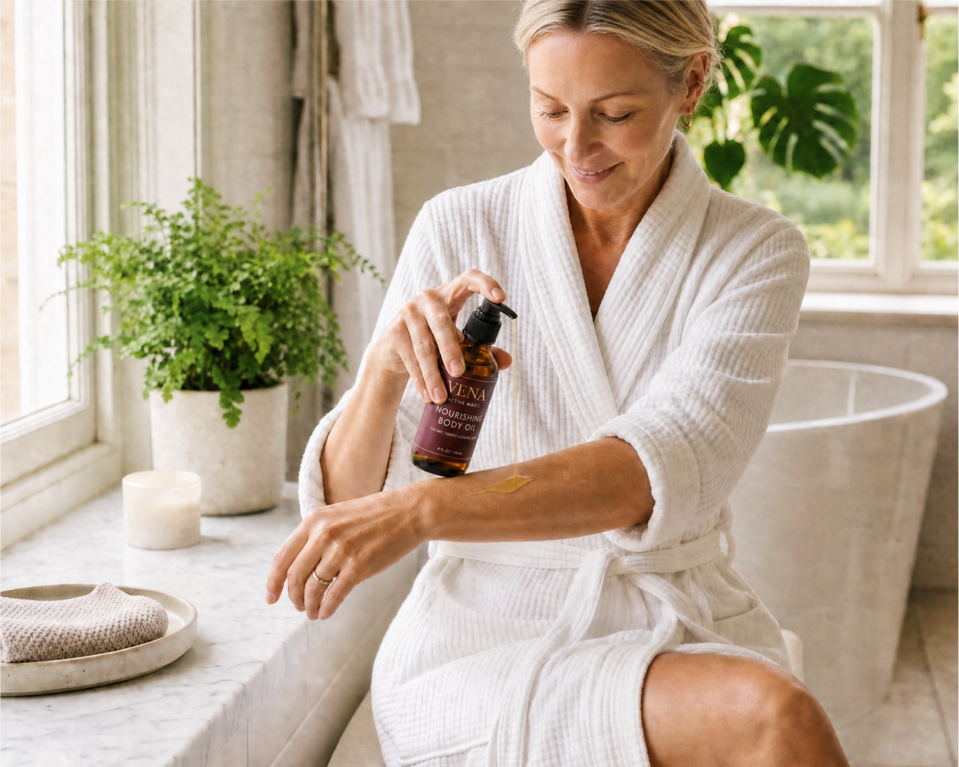 Woman applying Vena body oil